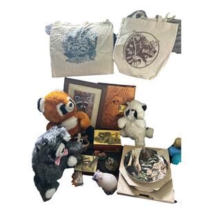 VGUC Vintage 20 Piece Raccoon Collection Pictures Bags Stuffies Plate Wood Box